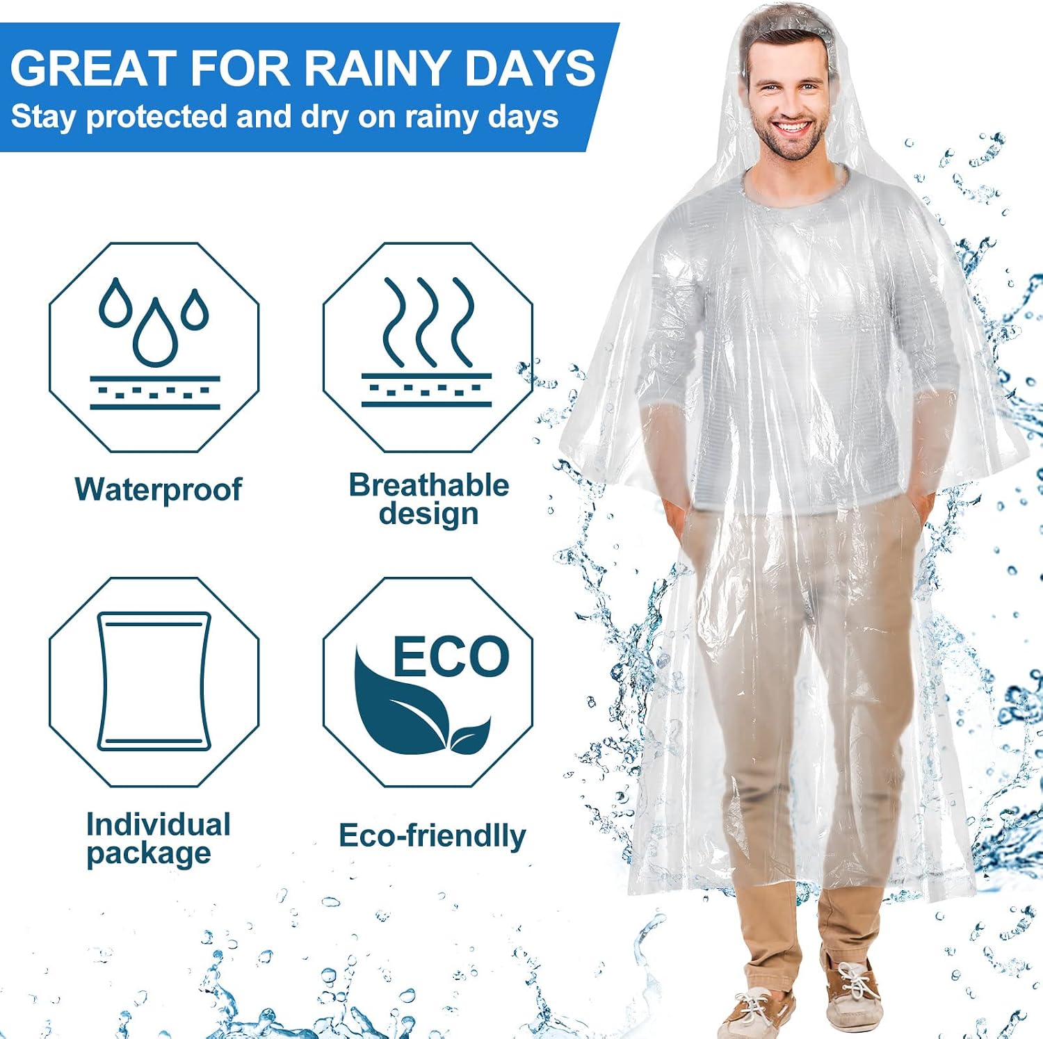 100 Pack Disposable Rain Ponch - Emergency Poncho Rain บทวิจารณ์และราคา